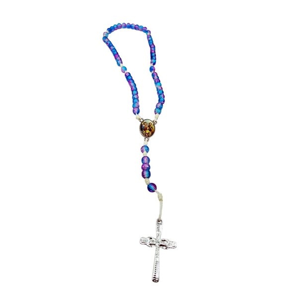 Child Rosary Necklace Blue Pink Beads Metal Cross Holy Family Picture Catholic - Picture 6 of 11